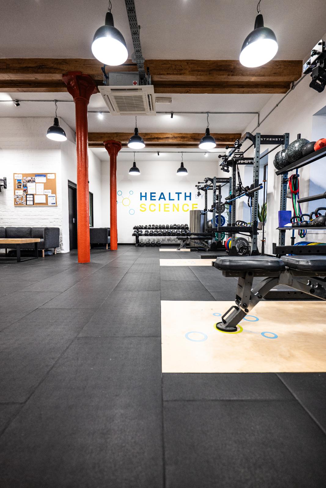 Interior view of the Health by Science clinical gym in Leith, featuring professional strength and conditioning equipment for personal training Edinburgh.