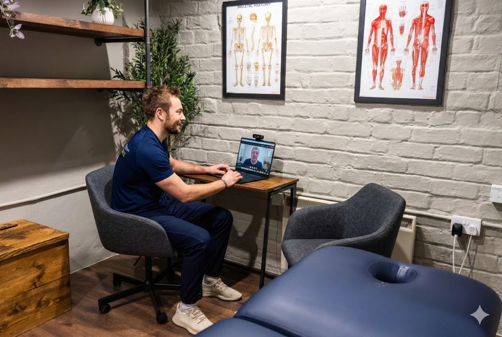Online physiotherapy in Leith with a Health by Science professional conducting a remote clinical consultation.