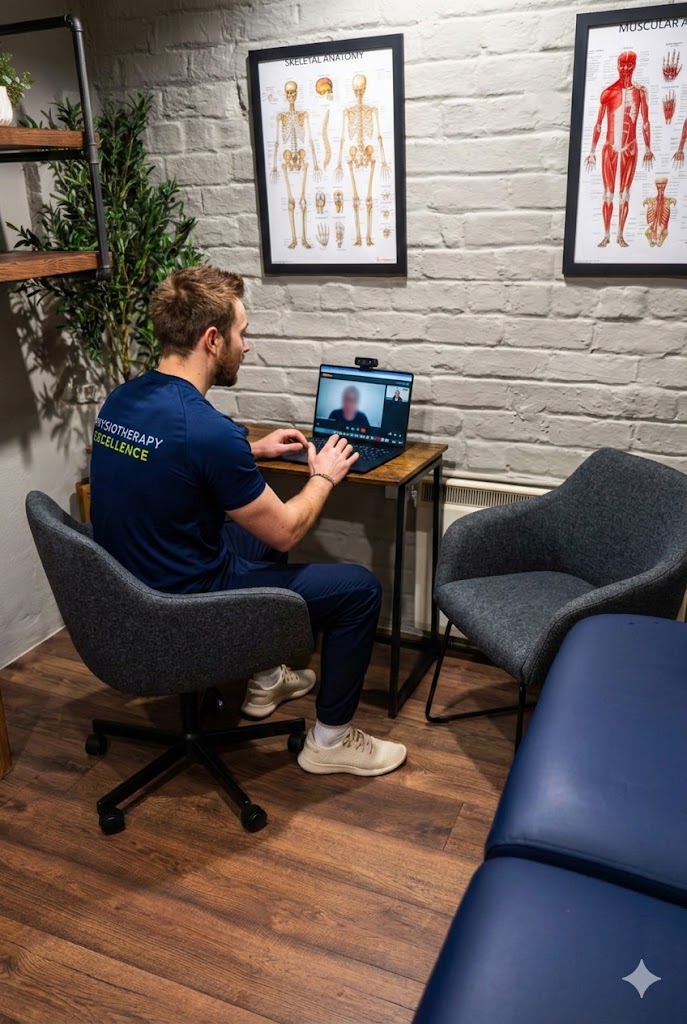 Physiotherapy Edinburgh expert at Health by Science using a laptop for a professional video gait analysis session.